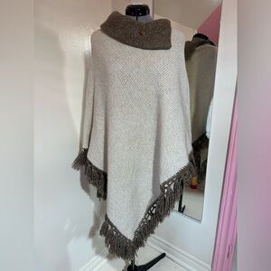 Cozy Two-Tone Fringe Poncho Sweater in Cream and Brown Handmade in Portugal